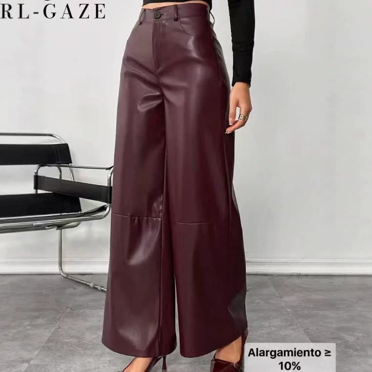 Retro Fashion Wide-Leg Leather Pants for Women, European and American High-Waist Slim Fit Wrap Leather Pants