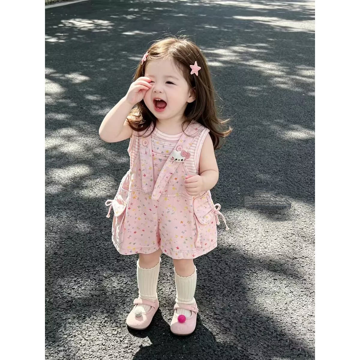 Tian Xiaosi Kids Girls Summer Baby Anime Cute Fashion Cartoon Cat Suspenders Pants Set