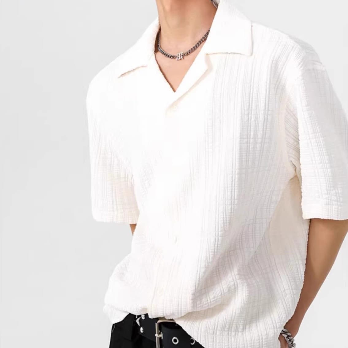 Cuban collar textured shirt short-sleeved men's summer new versatile casual T-shirt half-sleeved loose jacket