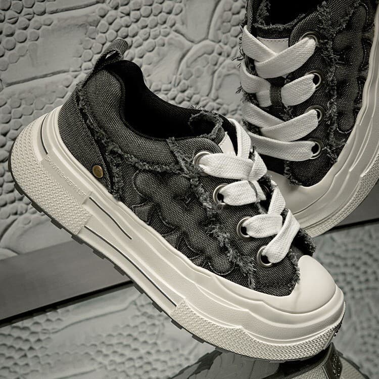 Zhou Shen Same Style SHOOT BRAND Chorus Thick Sole Heightening Retro Destroyed Denim Gray Canvas Shoes for Men and Women