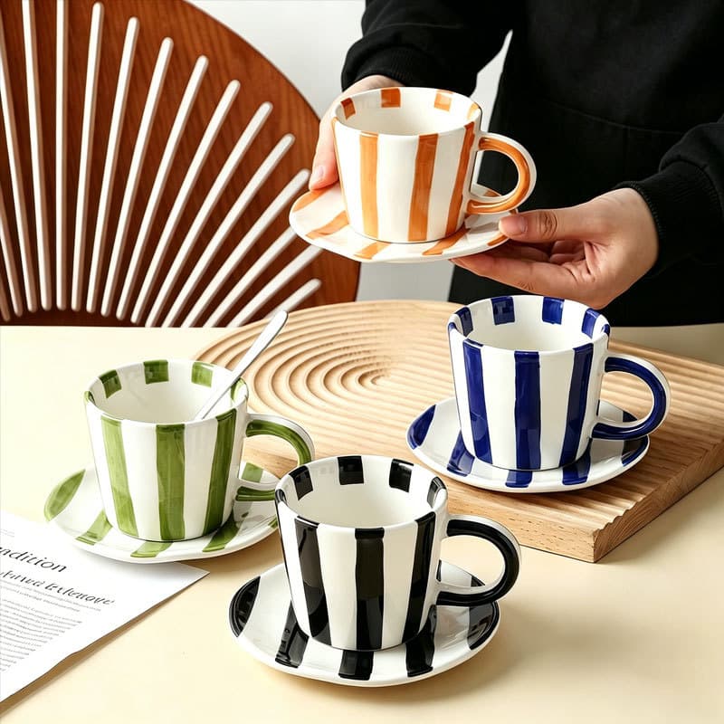 Simple Vintage Striped Coffee Cup and Saucer Set, Hand-Painted Ceramic Mug, Creative Home Drinking Cup, Coffee Cup, Water Cup