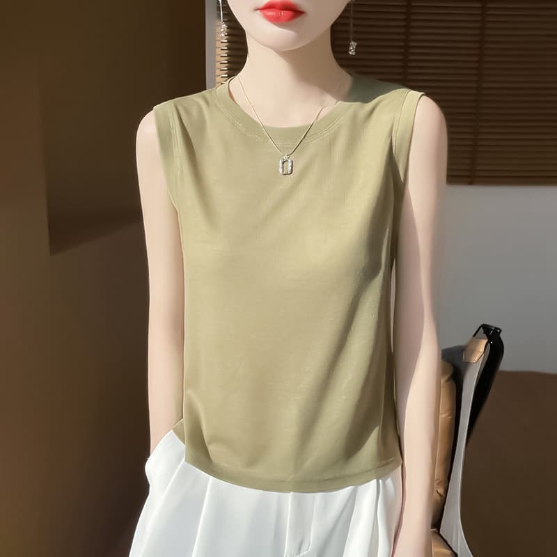 Cross-border 2025 Summer New Fine Knit Crewneck Sleeveless Tank Top Women Thin Base Layer Top