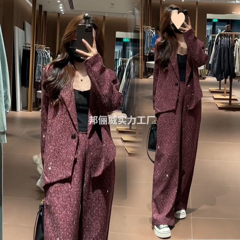 Women's Fashion Suit New Summer Style Small Fragrance Western Jacket Wide-Leg Pants Two-Piece Set Black