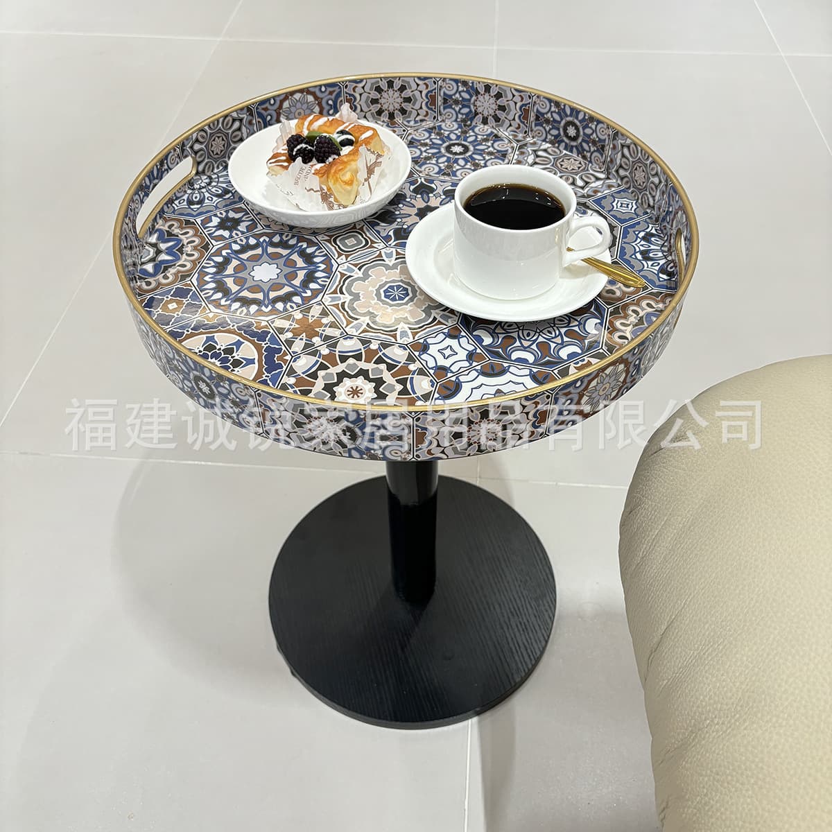 Side table, round small coffee table, decorative tray with handle, bohemian PP tray, coffee table, small bedroom table