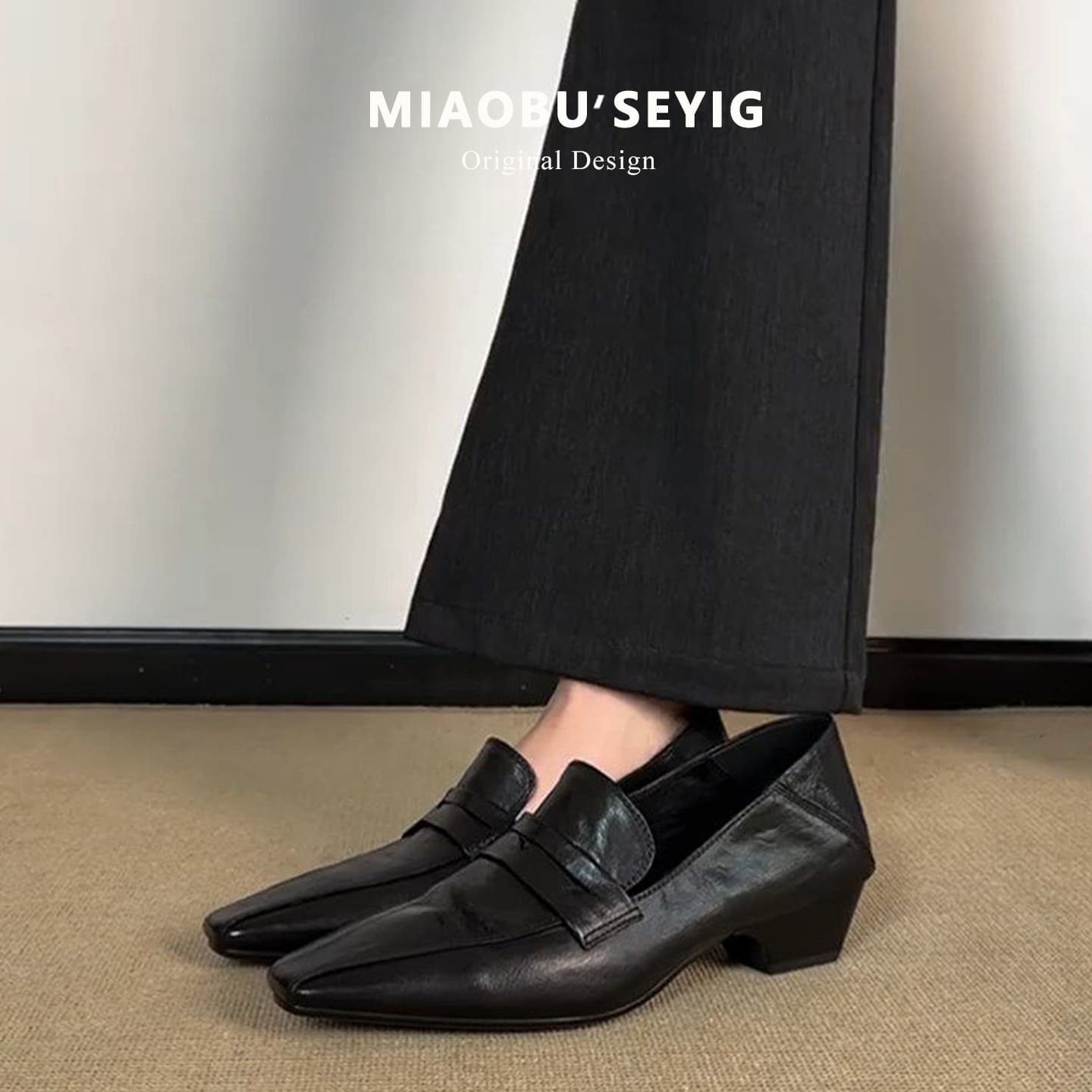 Sheepskin British Retro Loafers, Shallow Square Toe, Slip-On Design, Versatile for Commuting, Round Toe, Chunky Heel, Women's Leather Shoes
