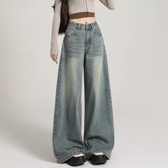 Vintage A-Cut Wide-Leg Jeans for Women 2025 Summer New Style Pear-Shape Slimming Loose Flowing Lazy Floor-Length Pants
