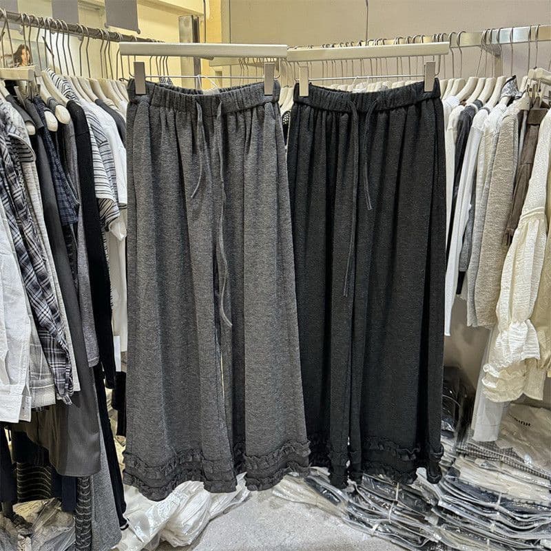 Glutinous Rice Fleece Lace Wide-Leg Pants Women Autumn New Sweet Girl Drape Versatile Slimming Ankle-Length Casual Pants