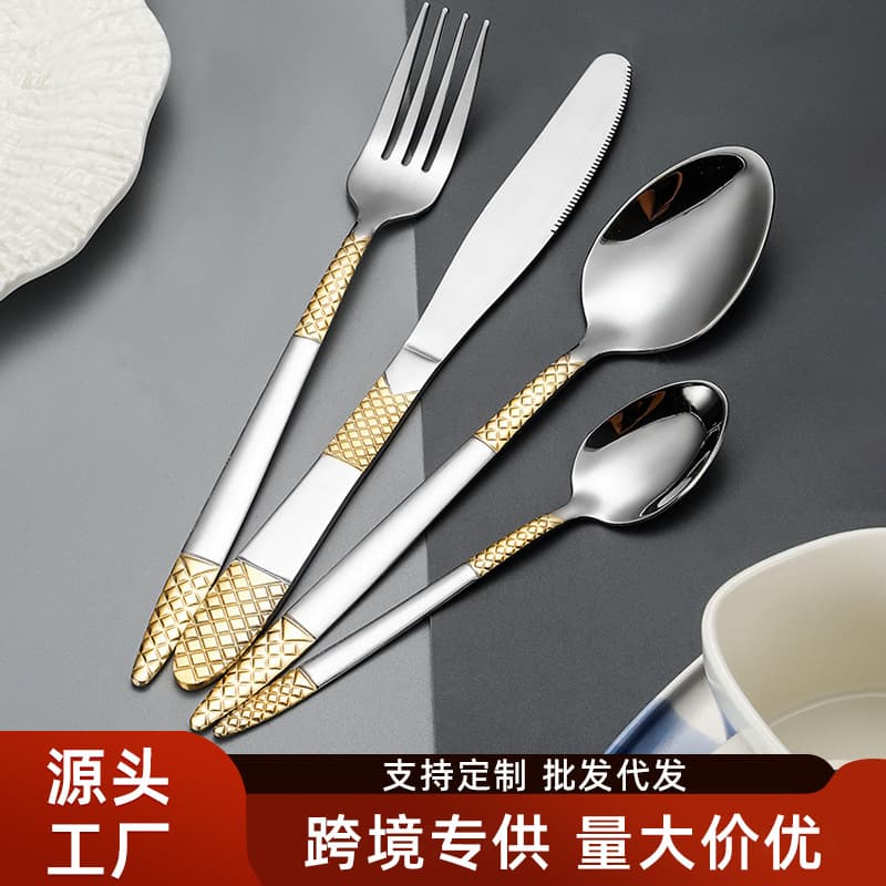New Stainless Steel Knife Fork Spoon 6-Piece Cutlery Set Gold-Plated European Style Steak Knife Fork Dessert Spoon