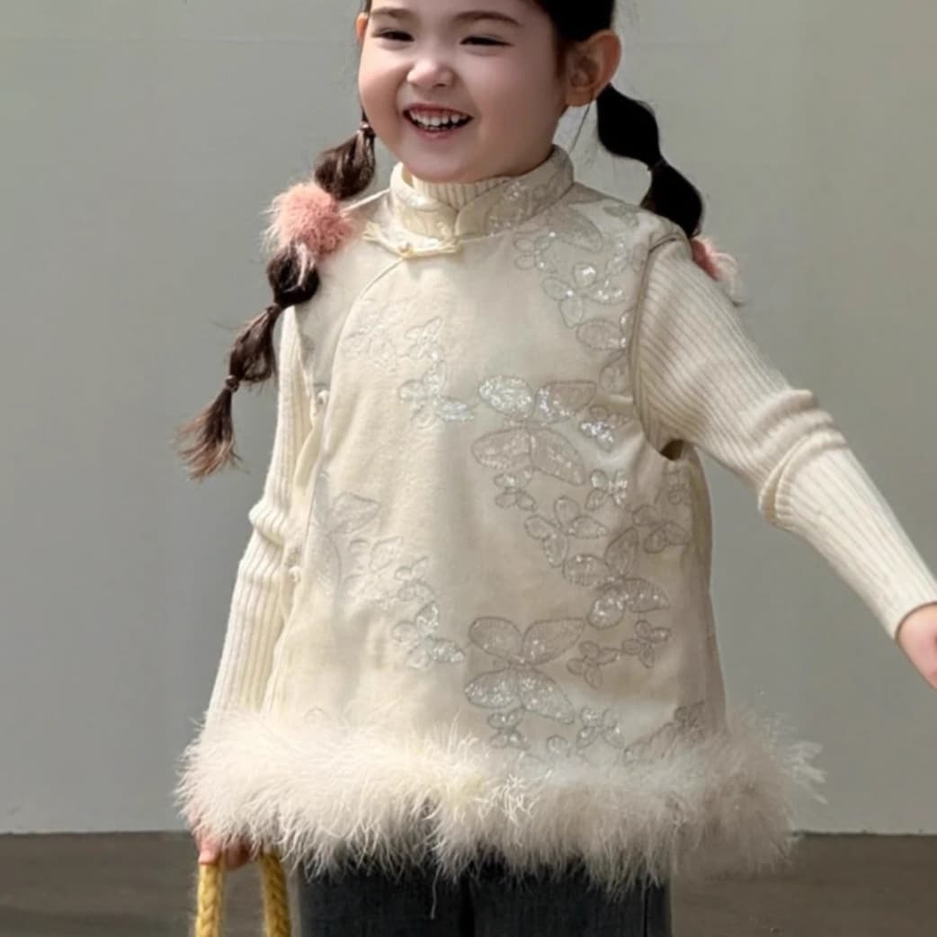 2025 Winter New Style Chinese Style Cotton-Padded Vest Cheongsam, New Chinese New Year Dress, Diagonal Front Embroidery Jacquard Set Children's Wear