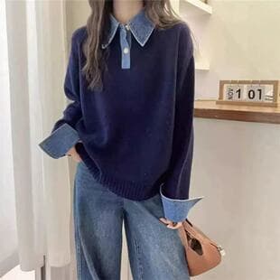 New Sweater Denim Patchwork Faux Two-Piece Slim Fit Loose Long Sleeve Top Pullover Unique Design
