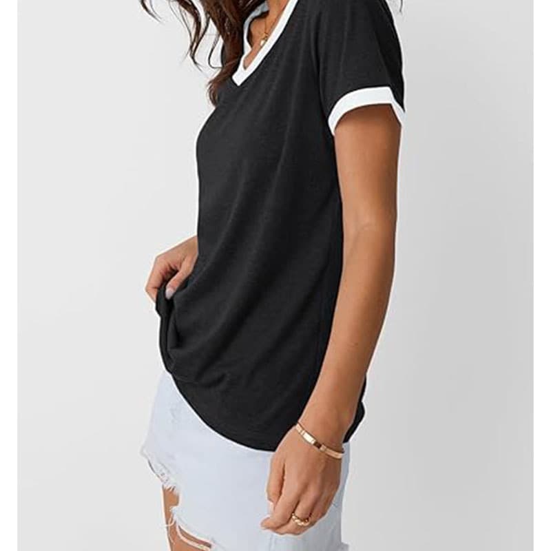 Women's V-Neck Short Sleeve T-Shirt Summer New Black and White Patchwork Casual Top Loose Slimming Basic Style