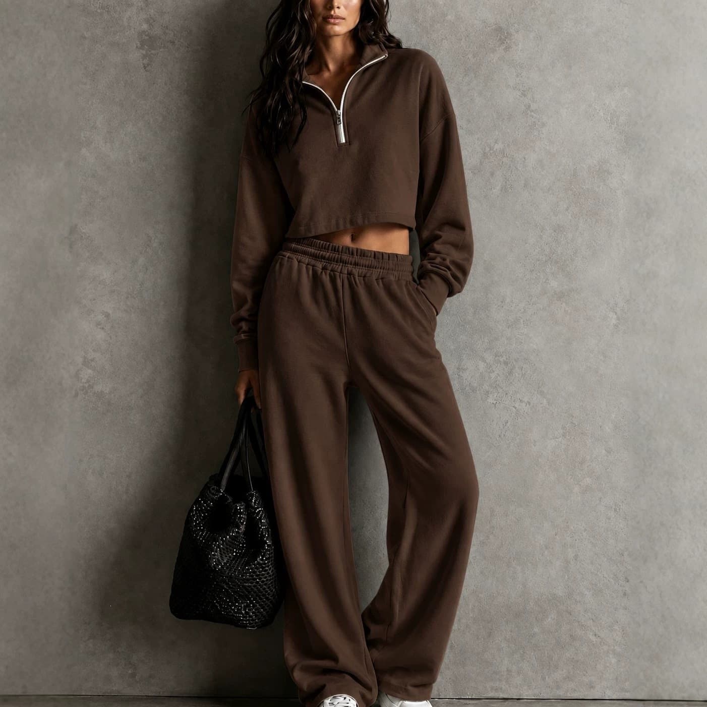 2026 Women's Fall/Winter New Arrival Half-Zip Loose Top and Wide-Leg Pants Set Casual Sporty Two-Piece Outfit