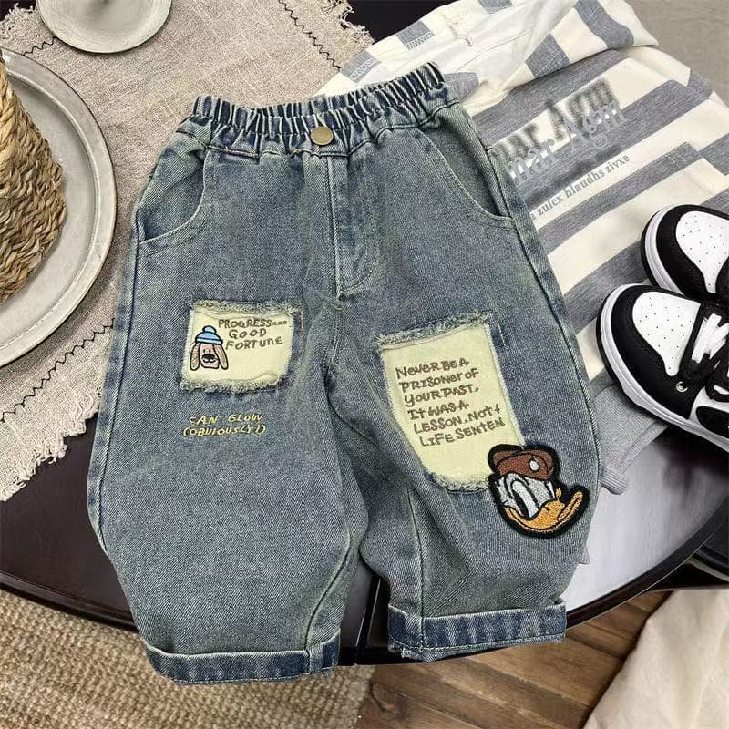 Children's jeans, boys' pants, spring and autumn style, super soft, loose casual trousers, handsome and versatile cartoon baby pants