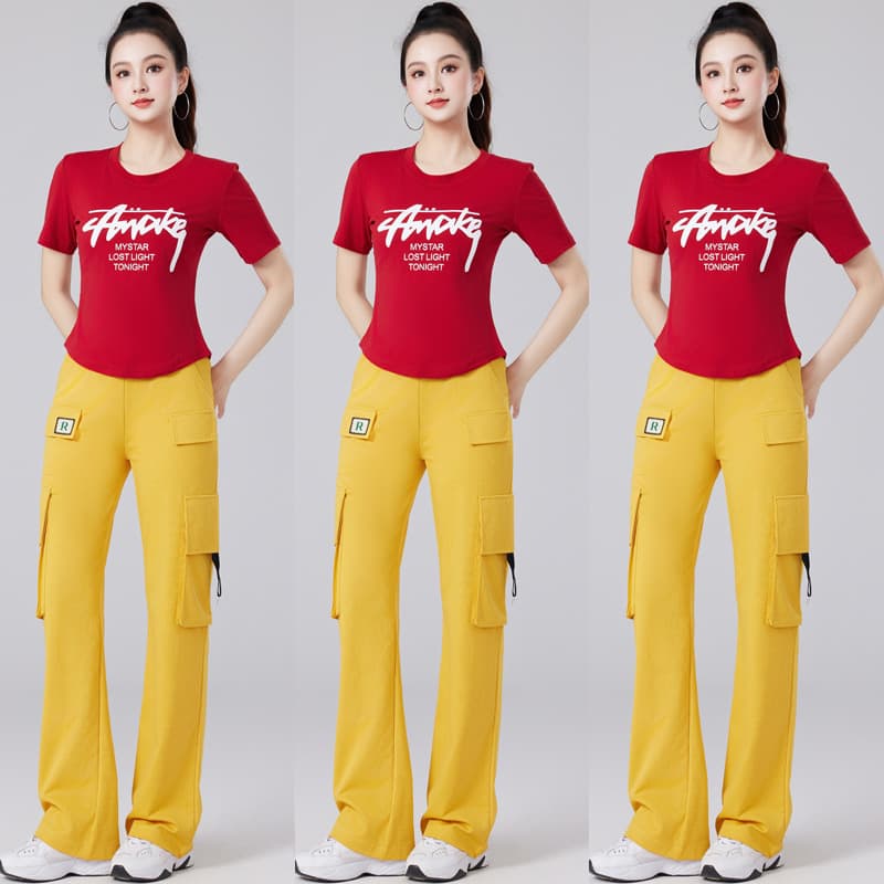Yerou Spring Summer Square Dance Wear Sporty Casual Fitness Aerobics Running Slimming Long-Sleeve Narrow Straight Pants Set