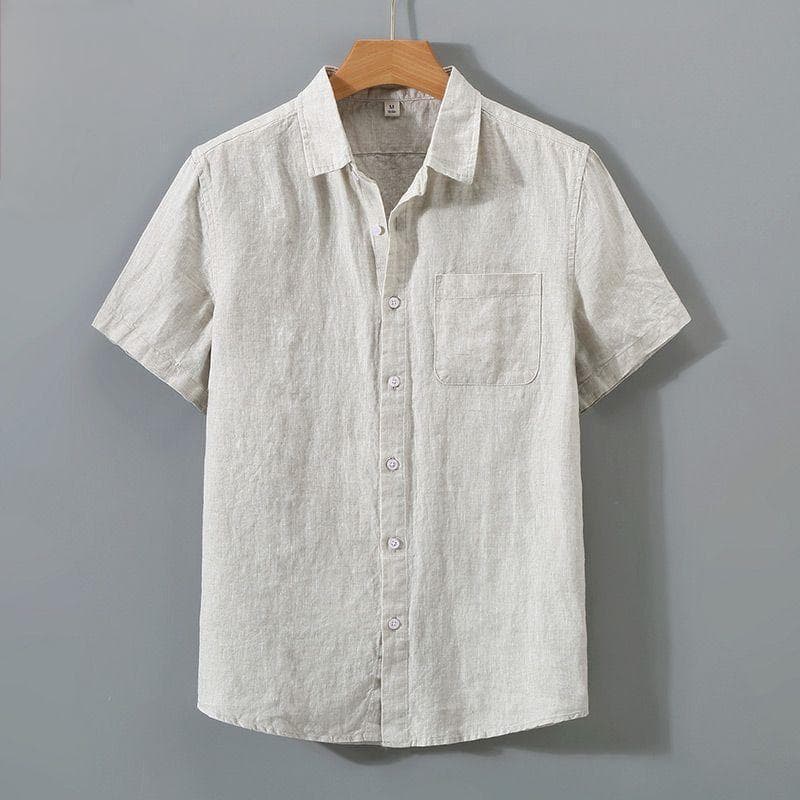 Summer Men's Pocket Short Sleeve Linen Shirt Casual Cotton Linen Thin Half Sleeve Shirt Cardigan Jacket Trendy