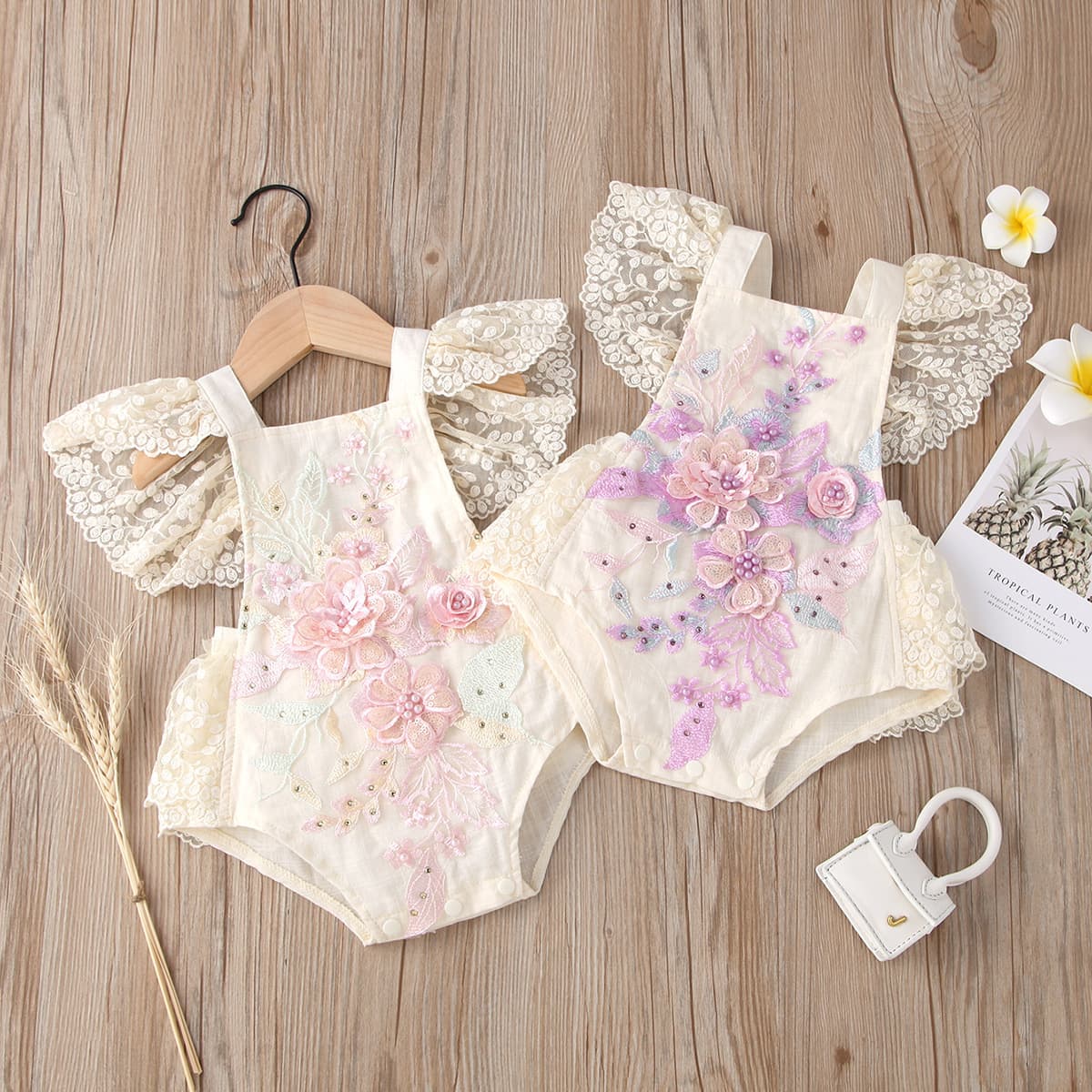 European and American style cross-border new product summer children's clothing short lace mesh flying sleeves lace embroidery beaded triangle climbing one-piece