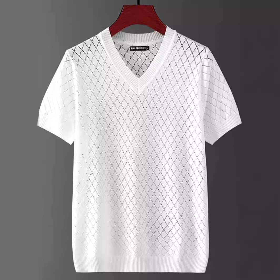 Summer Korean version slim men's thin knitted short-sleeved T-shirt fashionable hollow handsome V-neck bottoming T-shirt ins trend