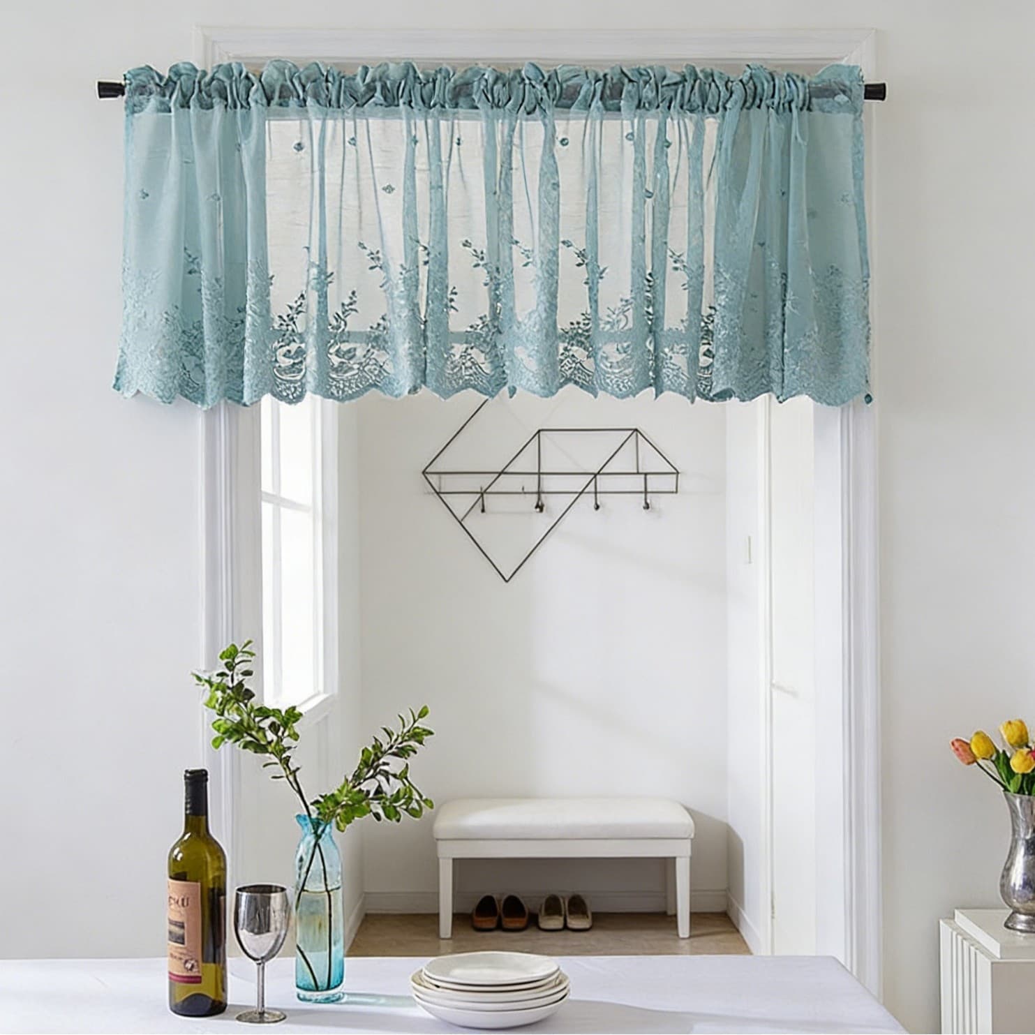 Factory Direct Kitchen Coffee Curtain, Fresh Finished Rod Pocket Curtain, Blue Lace Short Curtain