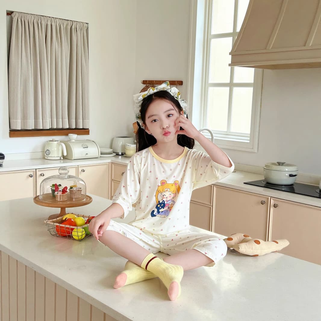 Children's Summer Thin Sleepwear Yasai Baby Air Conditioning Outfit Girls 3/4 Sleeve Lace Girls' Homewear Set
