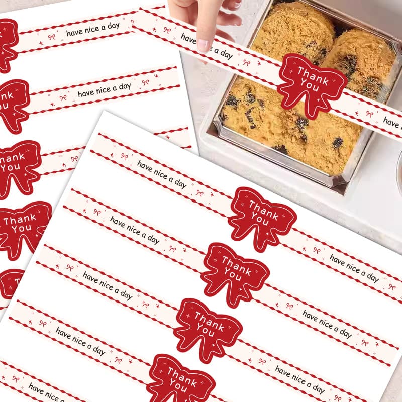 50 pcs/pack Bow Baking Sticker Long Strip Seal Label for Cake Dessert Packaging, Self-Adhesive