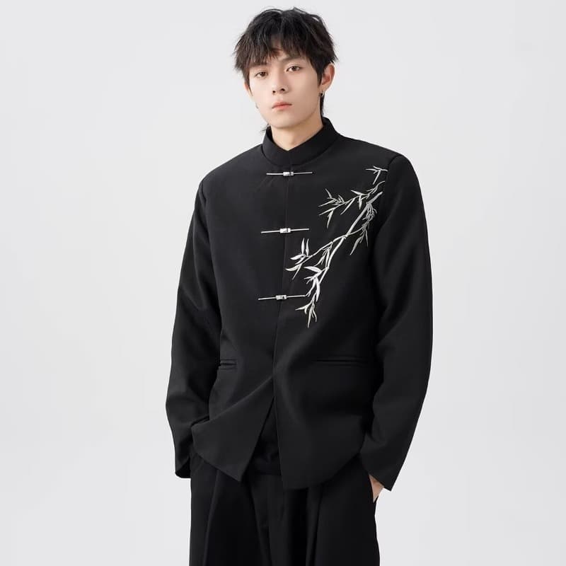 New Chinese Retro Stand Collar Bamboo National Style Suit Jacket for Men and Women, Niche Airplane Button Loose Fit Versatile Class Jacket