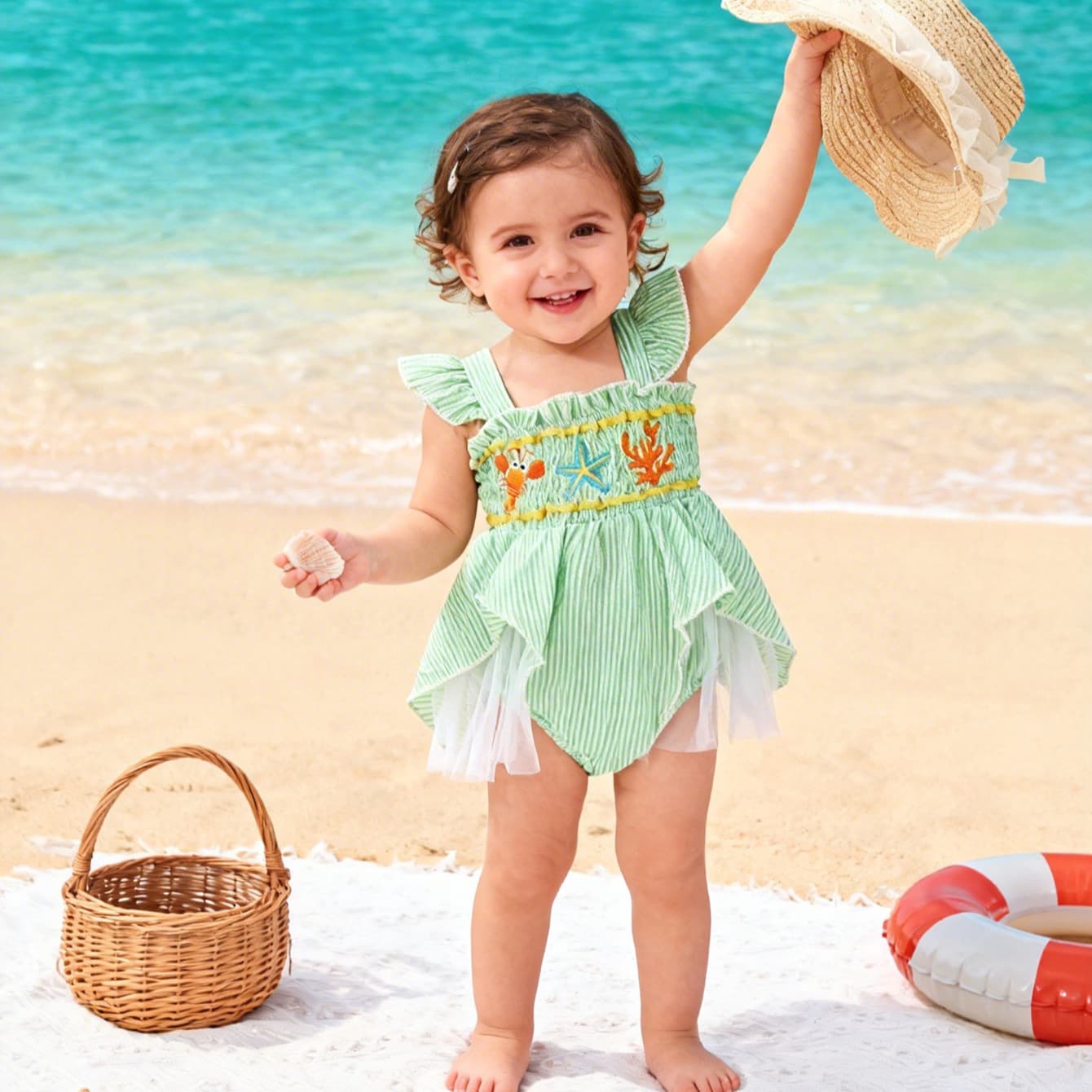 Baby girl's cute marine element plaid splicing mesh dress