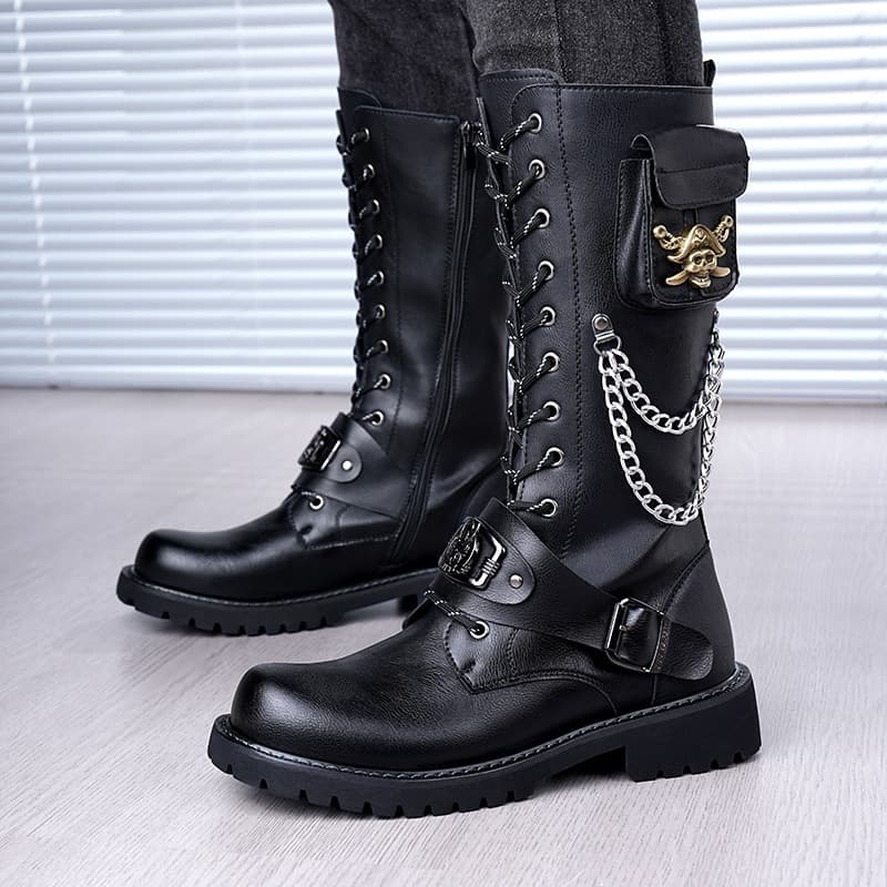 2025 rock boots high men's leather boots skull chain lace cowboy boots thick sole trend stage martin boots