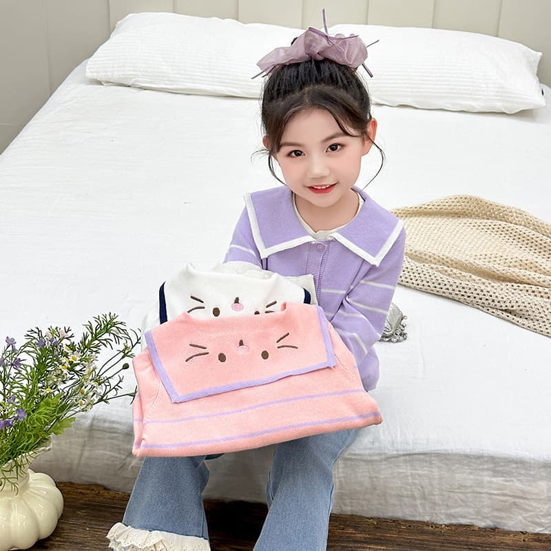 Girls Sweater Children's College Style 2025 New Spring Girl's Cotton Knitted Sweater Baby Striped Embroidered Cardigan