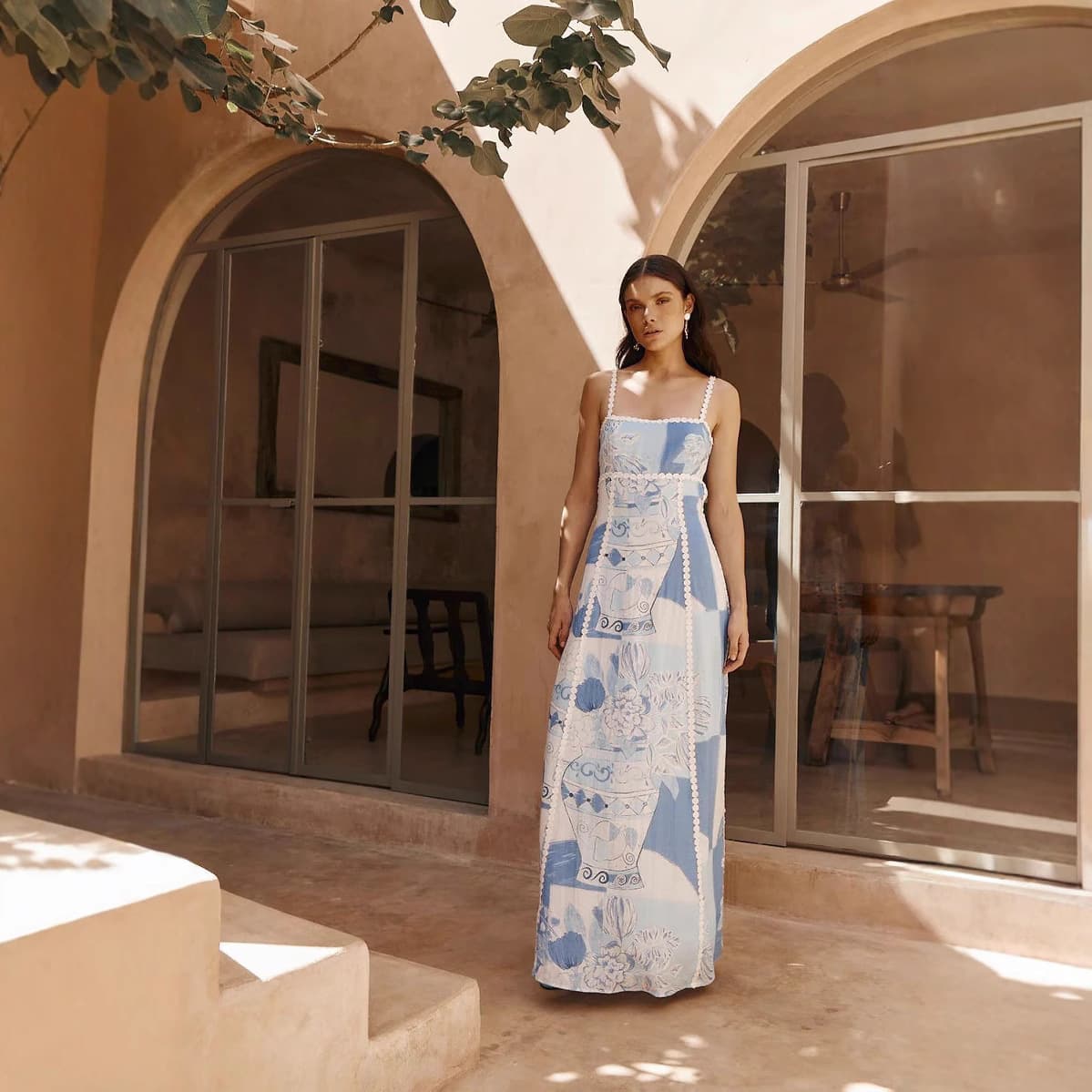 European and American Cross-border 2024 Independent Station AliExpress Fashion Linen Print Sexy Backless Bow Tie Dress