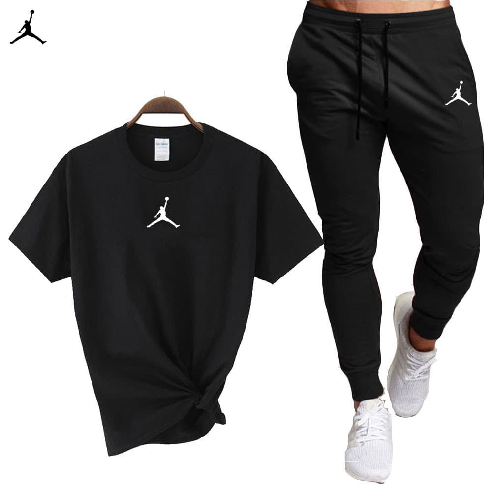 2026 Cross-border Men's Cotton Round Neck Short Sleeve + Long Pants Set Summer Men's T-Shirt Casual Sports Suit
