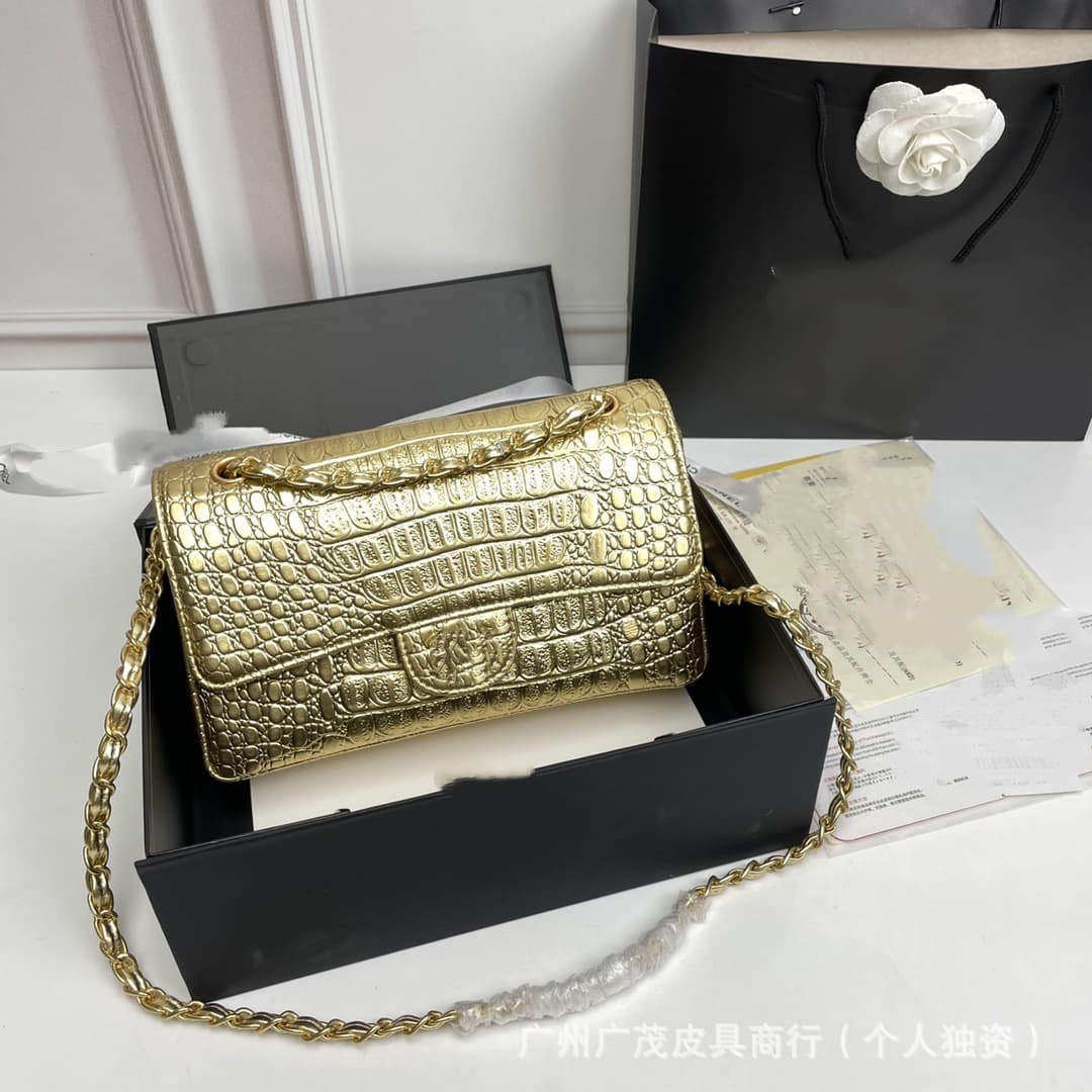 Chanel-style Crocodile Texture Chain Shoulder Bag Double Flap CF Crossbody Handbag Underarm Bag Fashionable Versatile Premium Quilted Bag