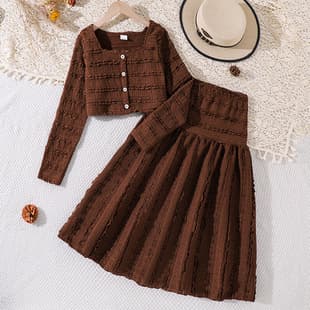 European American Export Spring New Girls' Set Fashionable Square Neck Long Sleeve Top Fitted Waist Skirt Two-Piece