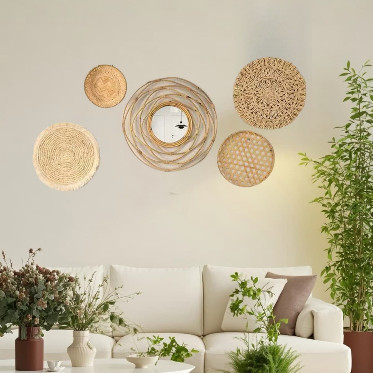 Nordic Bohemian Woven Rattan Wall Decoration Hanging Set for Home, Living Room, Guesthouse, Wall Art