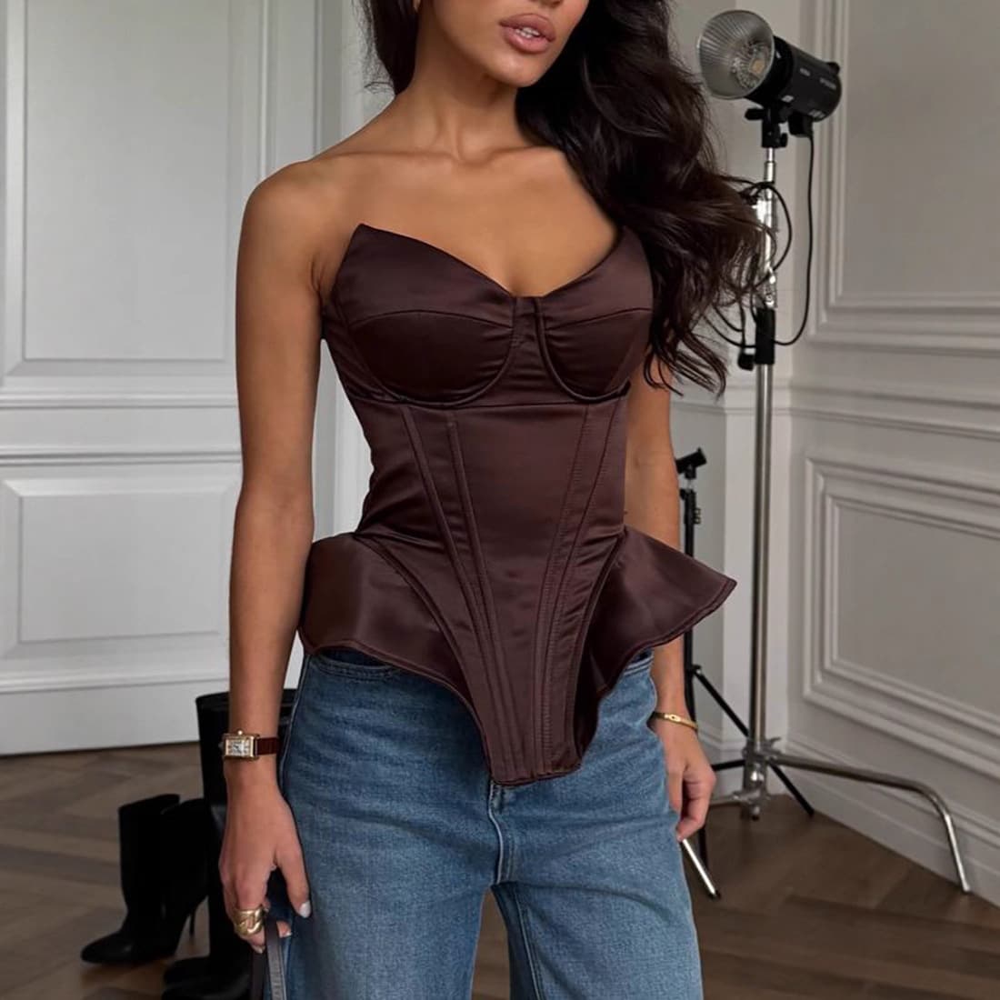 Sexy European and American style women's top with bustier design, hip-enhancing vest, versatile cross-border waist-cinching satin with boning