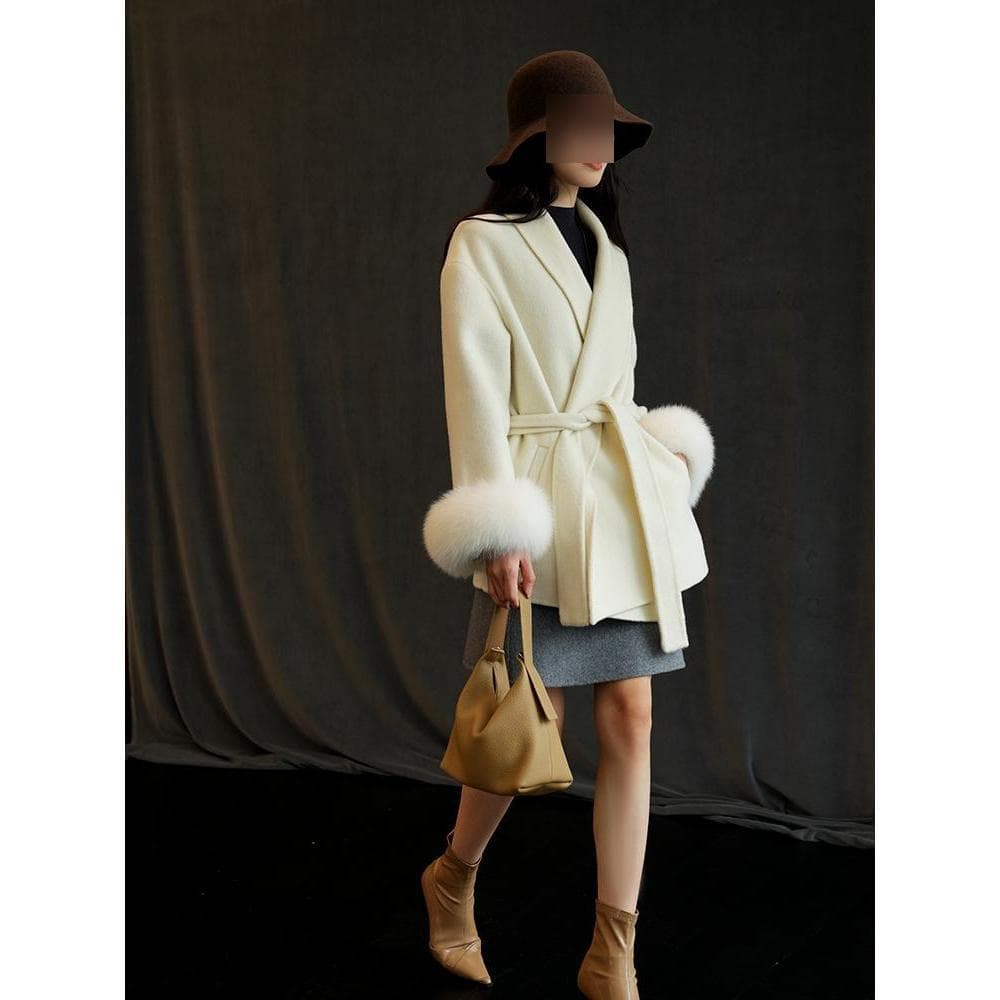 Fox Fur Cape Double-Sided Versatile Coat for Women Premium Elegant Tie-Belt Woolen Jacket Short Length for Petite