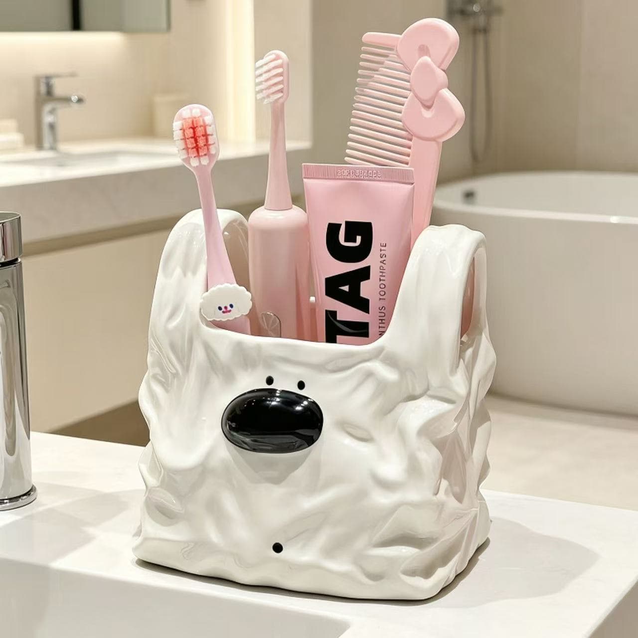Kitty Ceramic Face Towel Storage Box, Premium Bathroom Countertop Organizer for Comb, Toothbrush, and Toothpaste