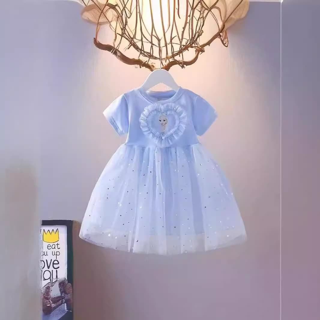 Girls Dress Short Sleeve Elsa Princess Dress Summer New Frozen Mesh Tulle Skirt Fashionable Children Elsa Dress