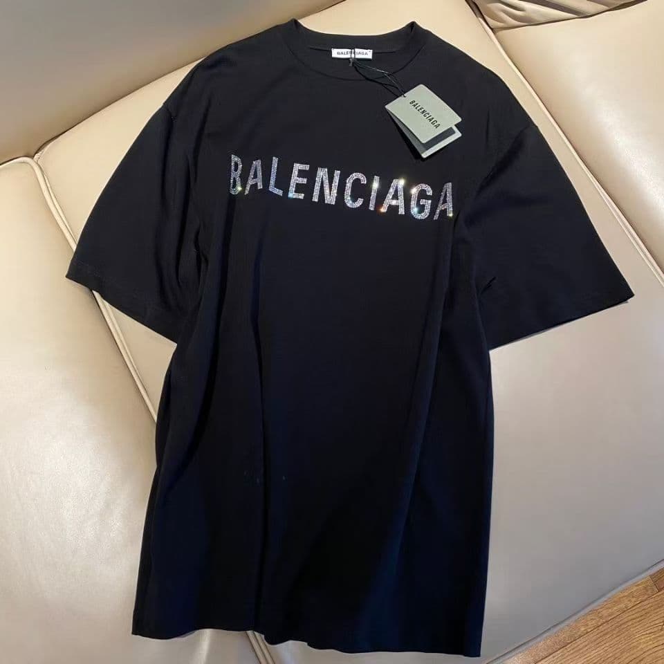 New Hot Rhinestone T-shirt for Women High-end Family Trend Brand Short Sleeve Loose Unisex Couple Letter Print Tee