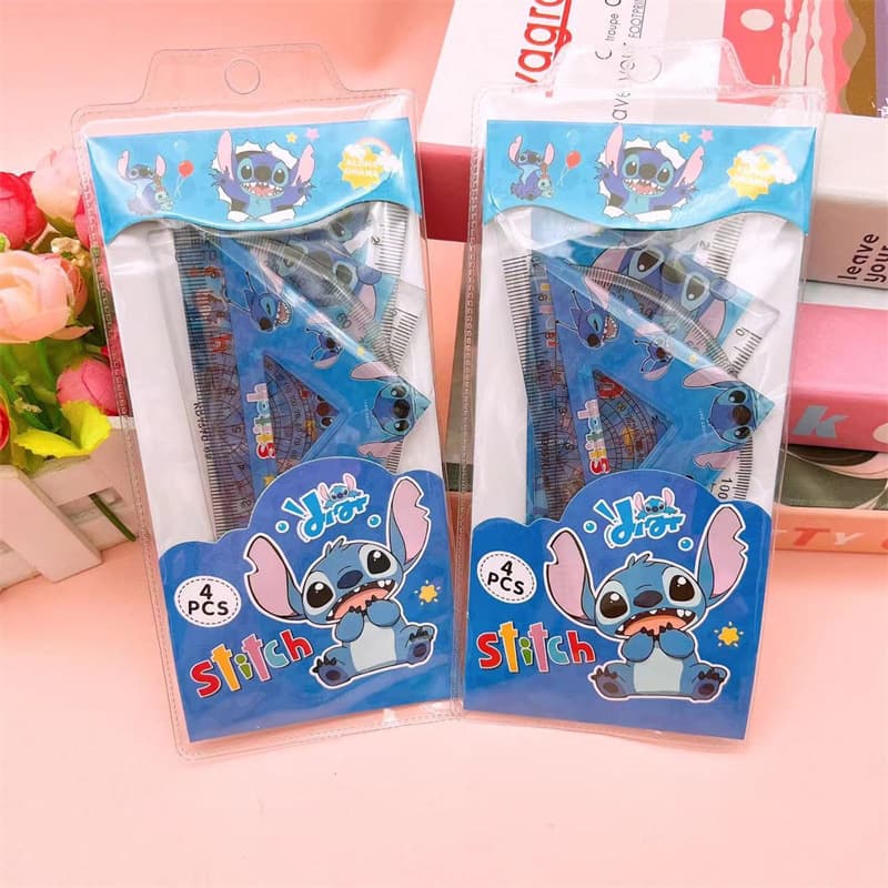 New Stitch Cartoon Ruler Set 4-Piece Straight Ruler Protractor Triangle Ruler Student Stationery