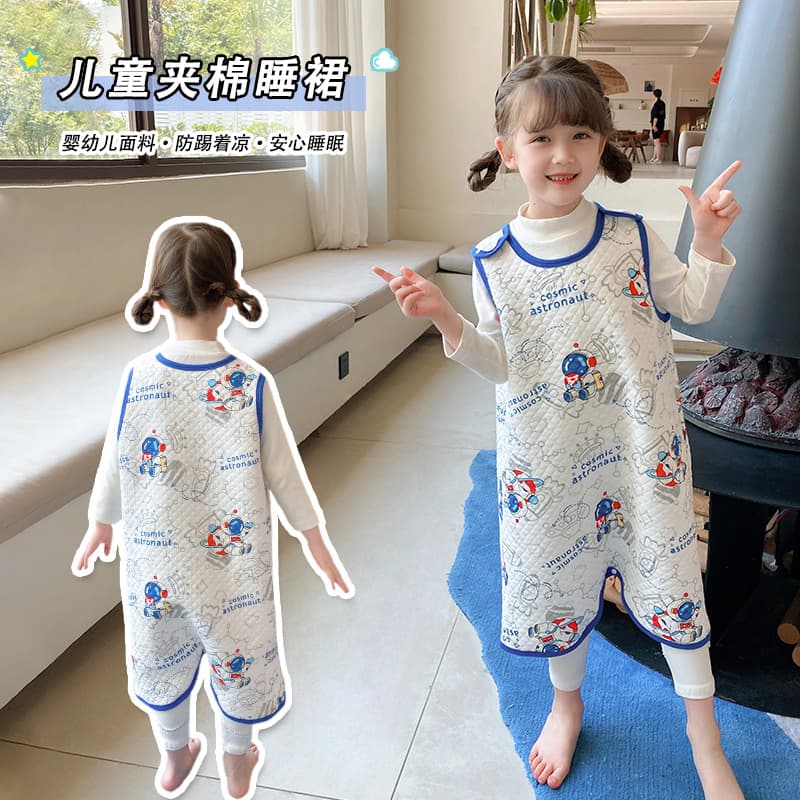 Children's pure cotton sleeveless Nordic style onesie nightgown, anti-kick sleeping bag, thickened baby pajamas