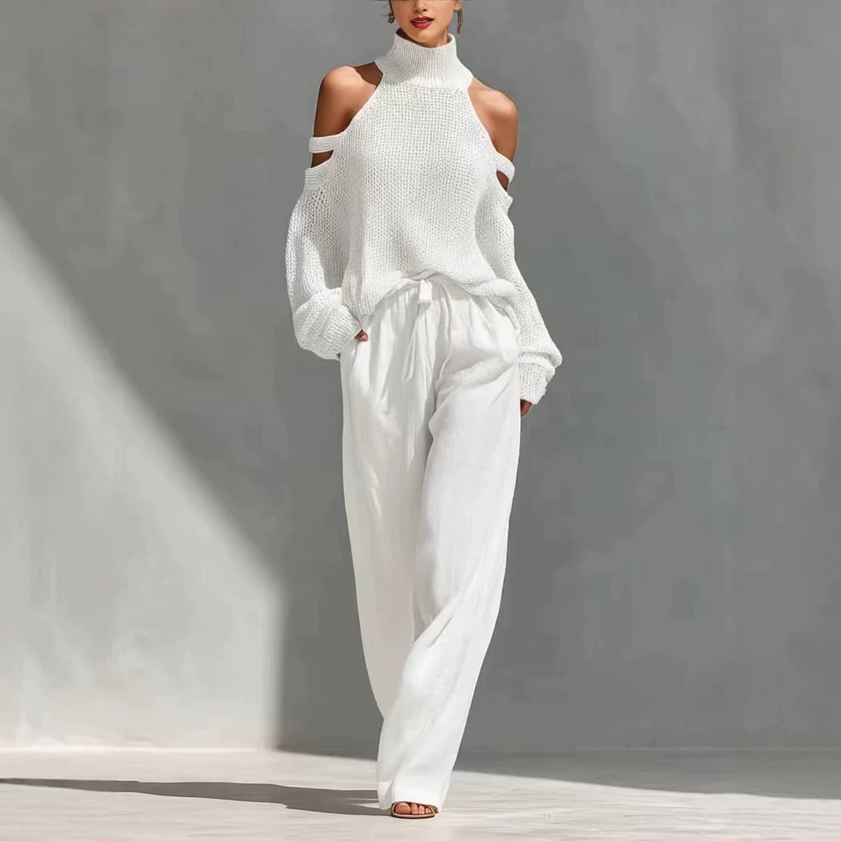 2026 European and American Style Hollow Knit Set for Women, High Neck Off-Shoulder Long Sleeve Top with Drawstring Wide-Leg Pants Two-Piece Set