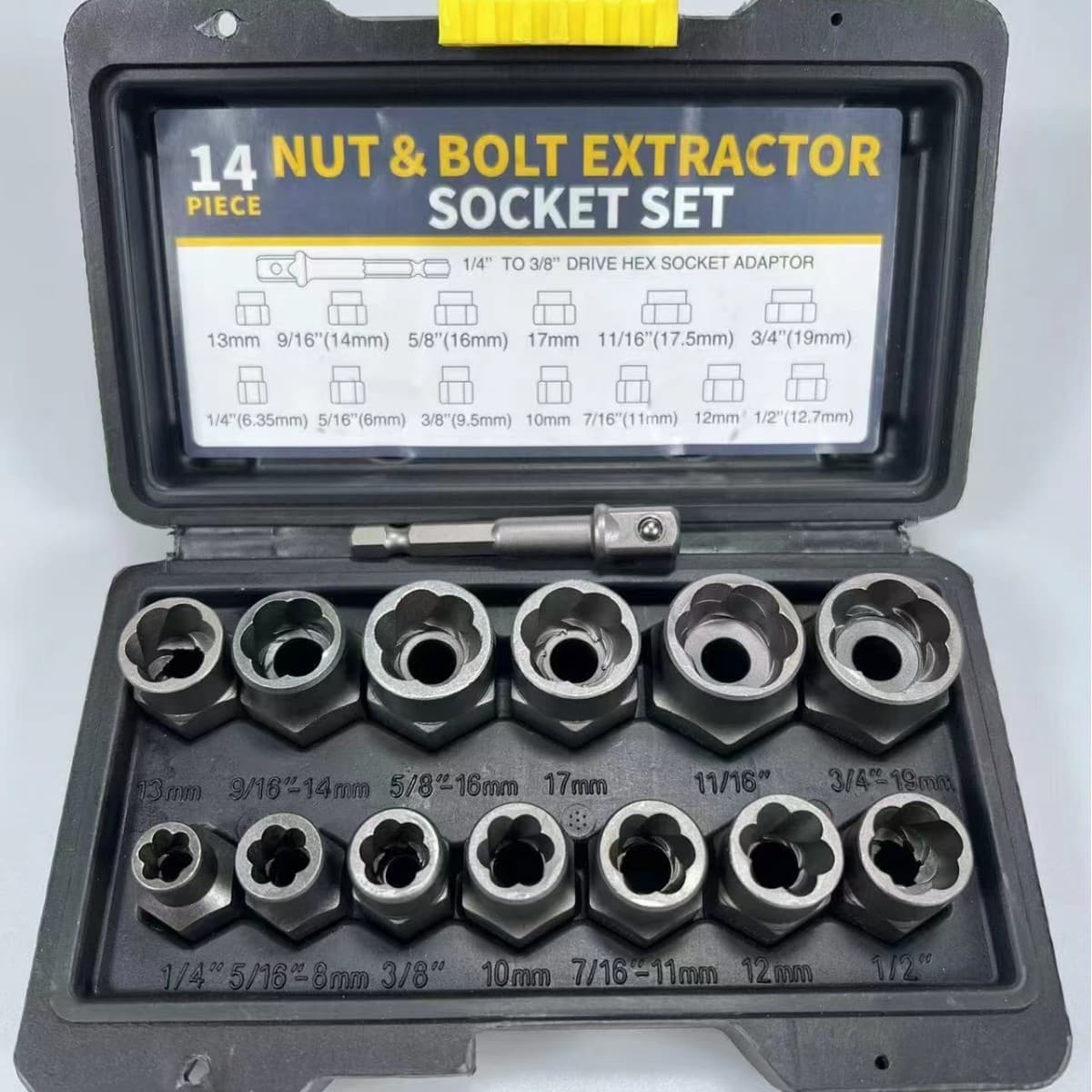14-piece nut and screw extractor set, socket set for removing stripped anti-theft screws and damaged nuts.