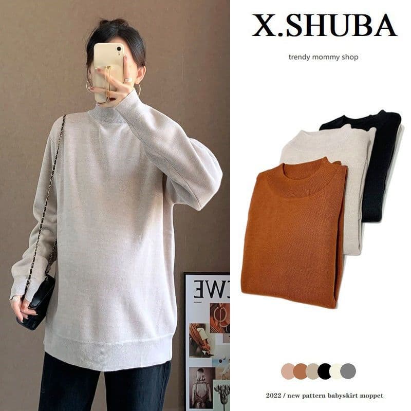 Maternity Wear Autumn/Winter Integrated Fleece Sweater New Style Semi-High Neck Knitwear Trendy Mom Loose Warm Base Shirt