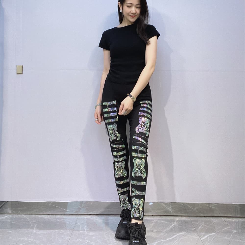 Spring/Autumn New High-Waist Slim Fit Plus Size Leggings Women Heavy Rhinestone Slimming Black Wear-Out Inner Layer Pants