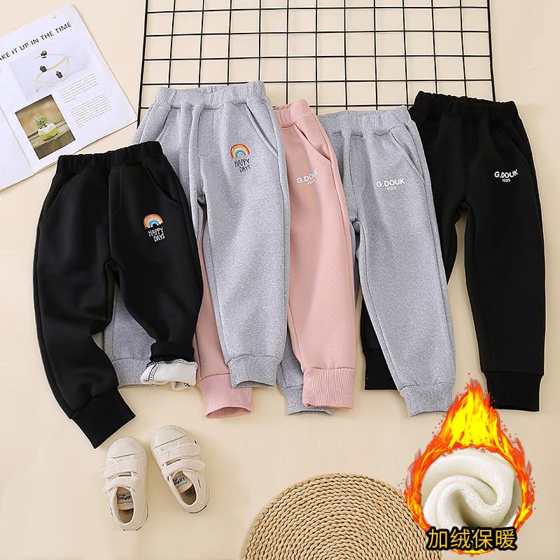 Boys and Girls Fleece-Lined Sweatpants Winter Casual Sports Pants Children's Large & Medium Size Pants 2024 New Style Thickened