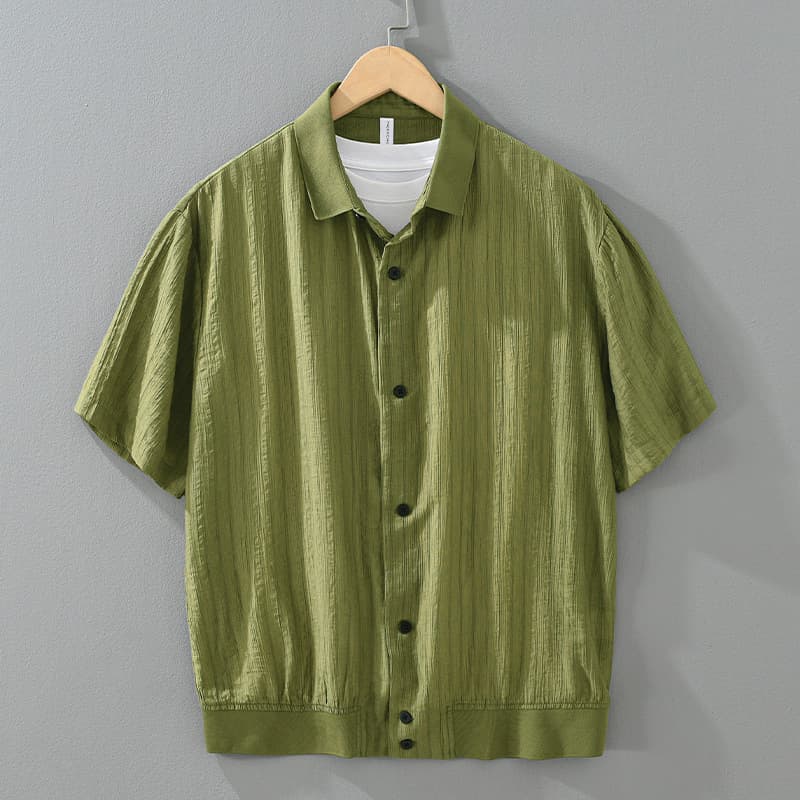 1282 Tencel Lyocell Cool Men's Knitted Collar Short-Sleeved Shirt Light Mature Style Jacquard Strip Casual Classy Top