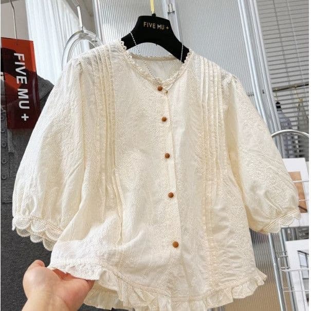 Cotton Lace Round Neck Short Shirt, Beautiful Blouse for Women, Summer Super Nice Short Sleeve Top Doll Shirt