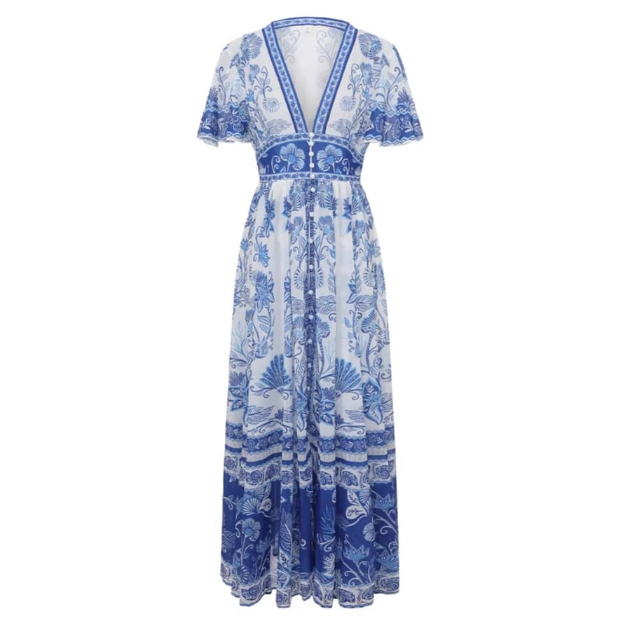 European and American Retro Floral Print Deep V-Neck Flared Sleeve Dress for Women, Spring and Autumn Single-Breasted Waist-Slimming Flared Midi Dress