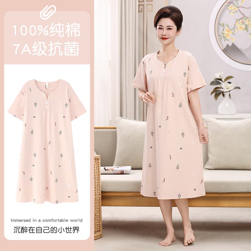 Women's Summer Cotton Short-Sleeve Nightgown, Lightweight Fabric, Middle-Aged and Elderly, 2026 New Style, Mother's Pajamas, Midi Dress