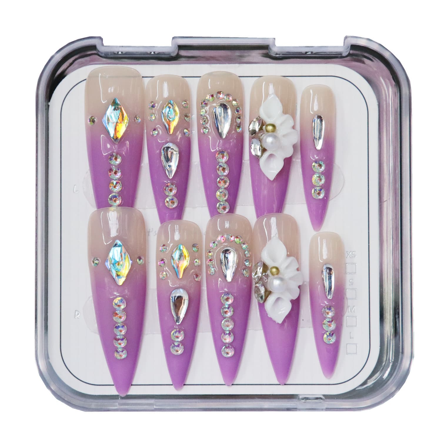 Handmade Wearable Nails, New Cross-Border EU/US Style, Gradient Purple Full Rhinestone Pointed Extra-Long Fake Nails, Removable